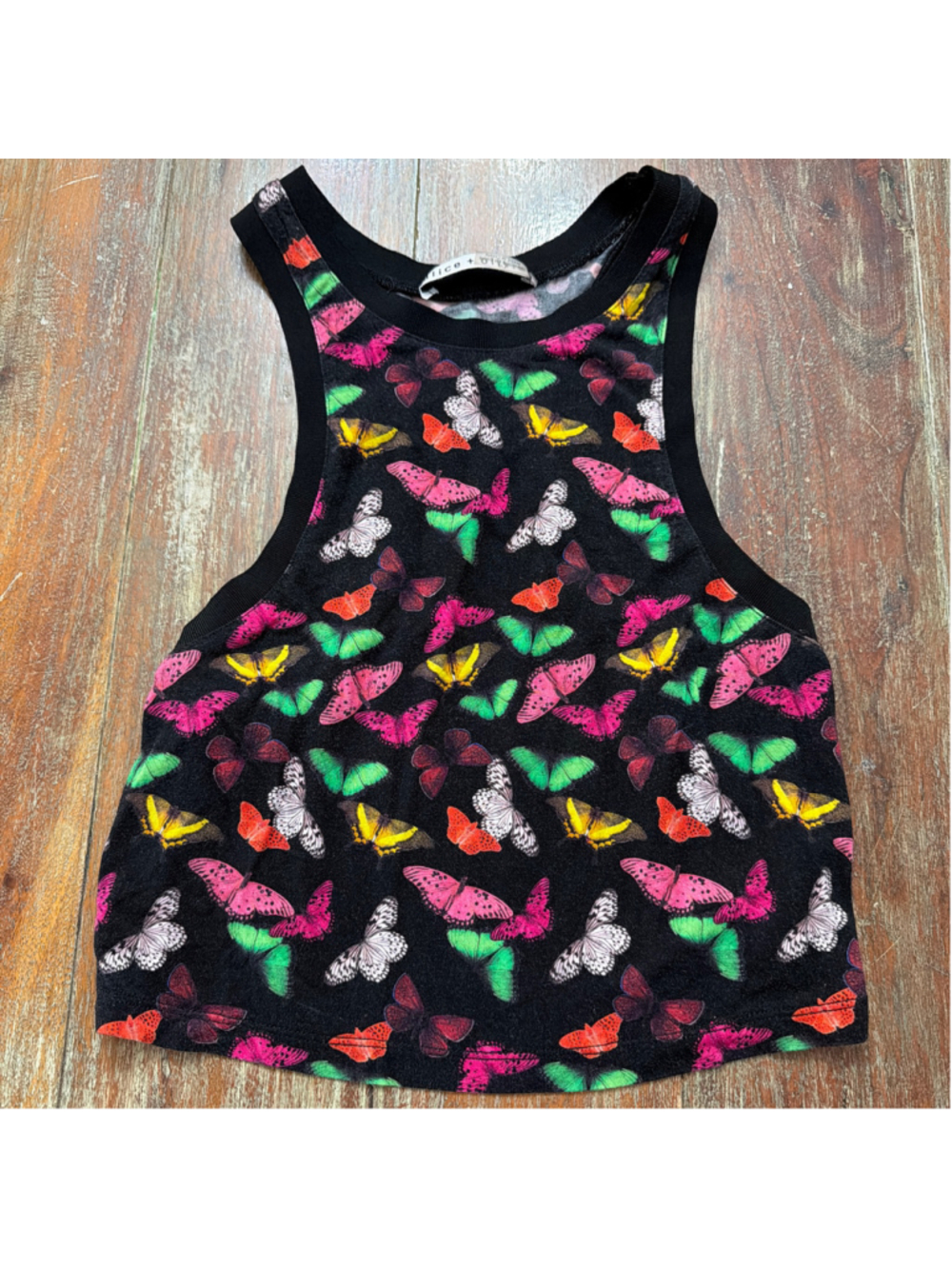 Alice + Olivia L Butterfly Print High Neck Racerback Crop Tank Top Black Multi